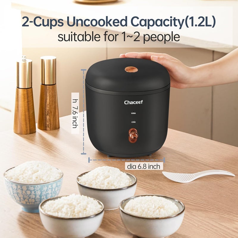 CHACEEF Mini Rice Cooker 2 Cups Uncooked, 1.2L Rice Cooker Small with Non-stick Pot, Portable Travel Rice Maker with One Touch & Keep Warm Function,White Rice, Brown Rice, Oatmeal, Black - Image 2